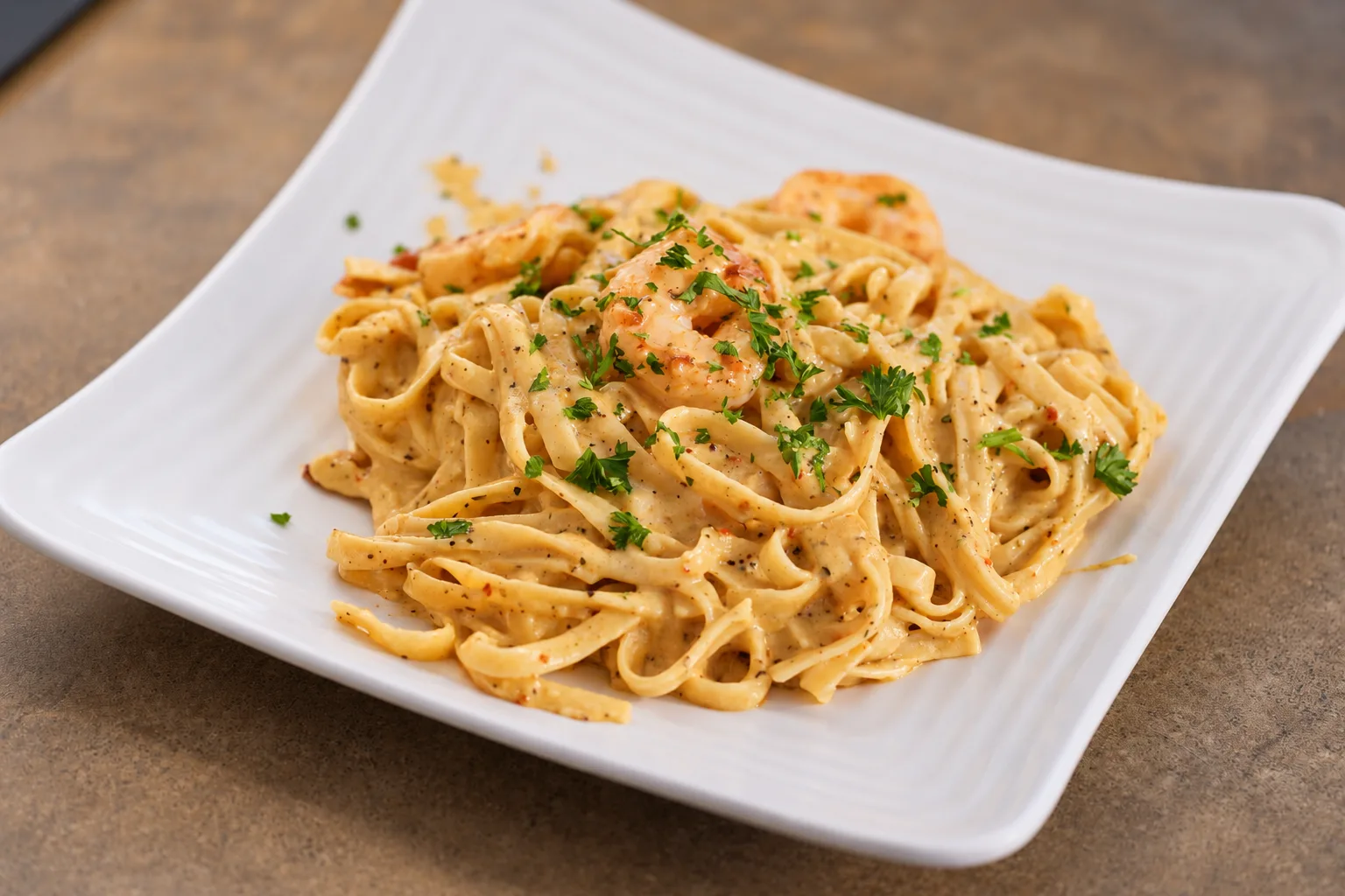 Creamy pasta with shrimp on a white plate