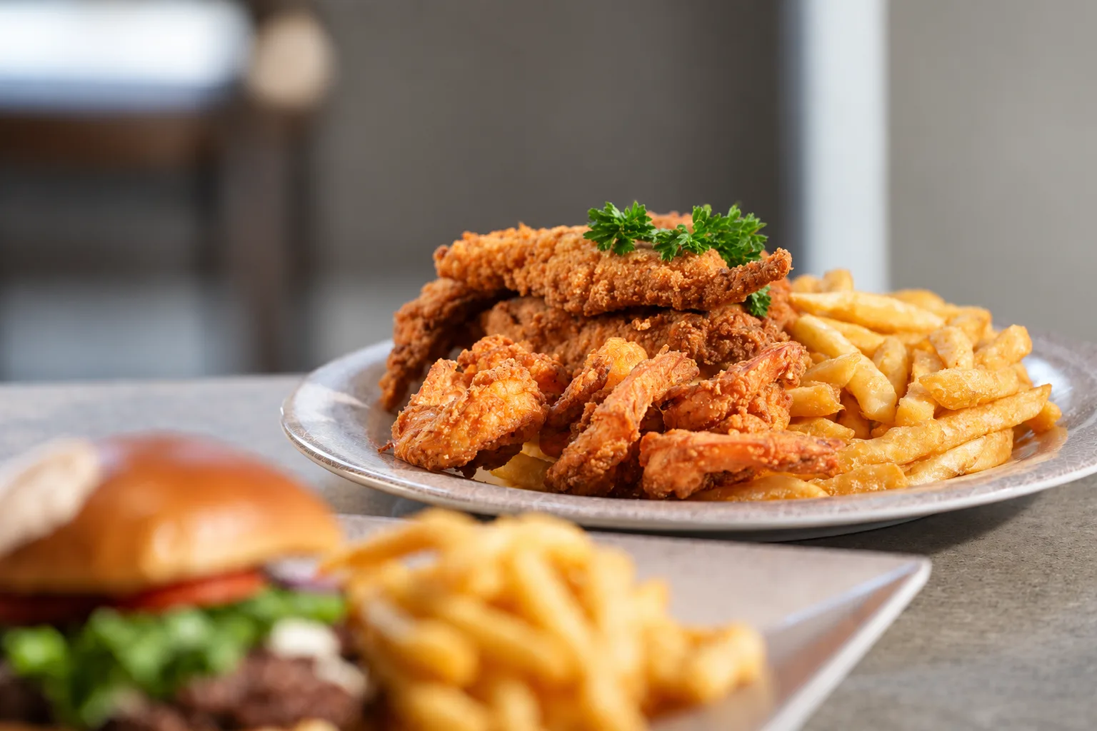 Fried seafood and fries with a burger in the foreground