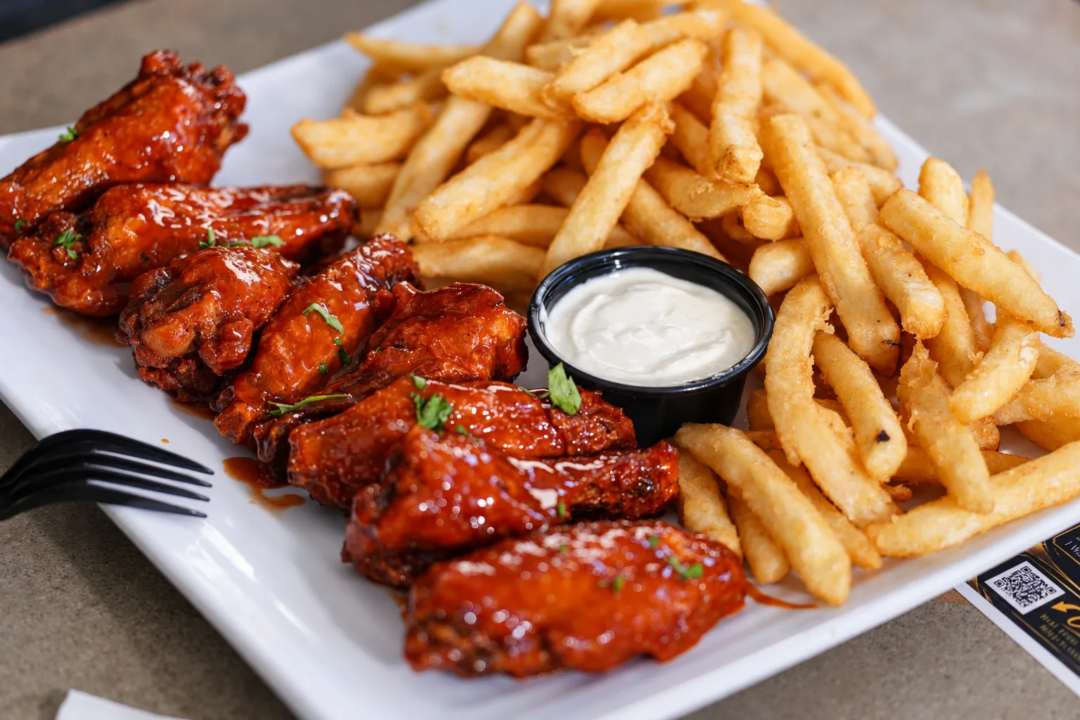 Chicken wings and golden fries on a square plate