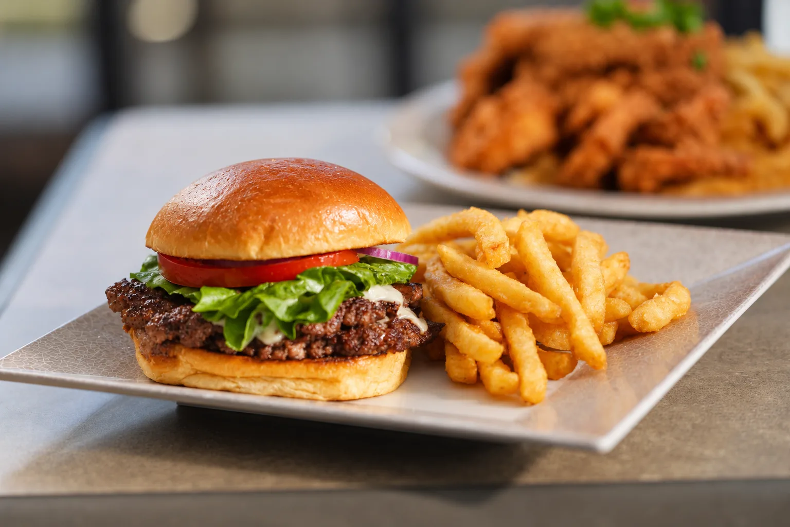 Burger and fries on a restaurant table