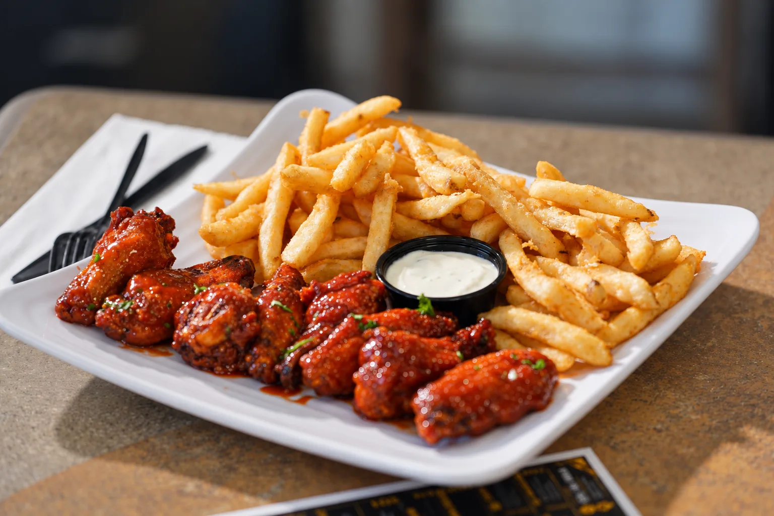 Glazed chicken wings with fries and dipping sauce