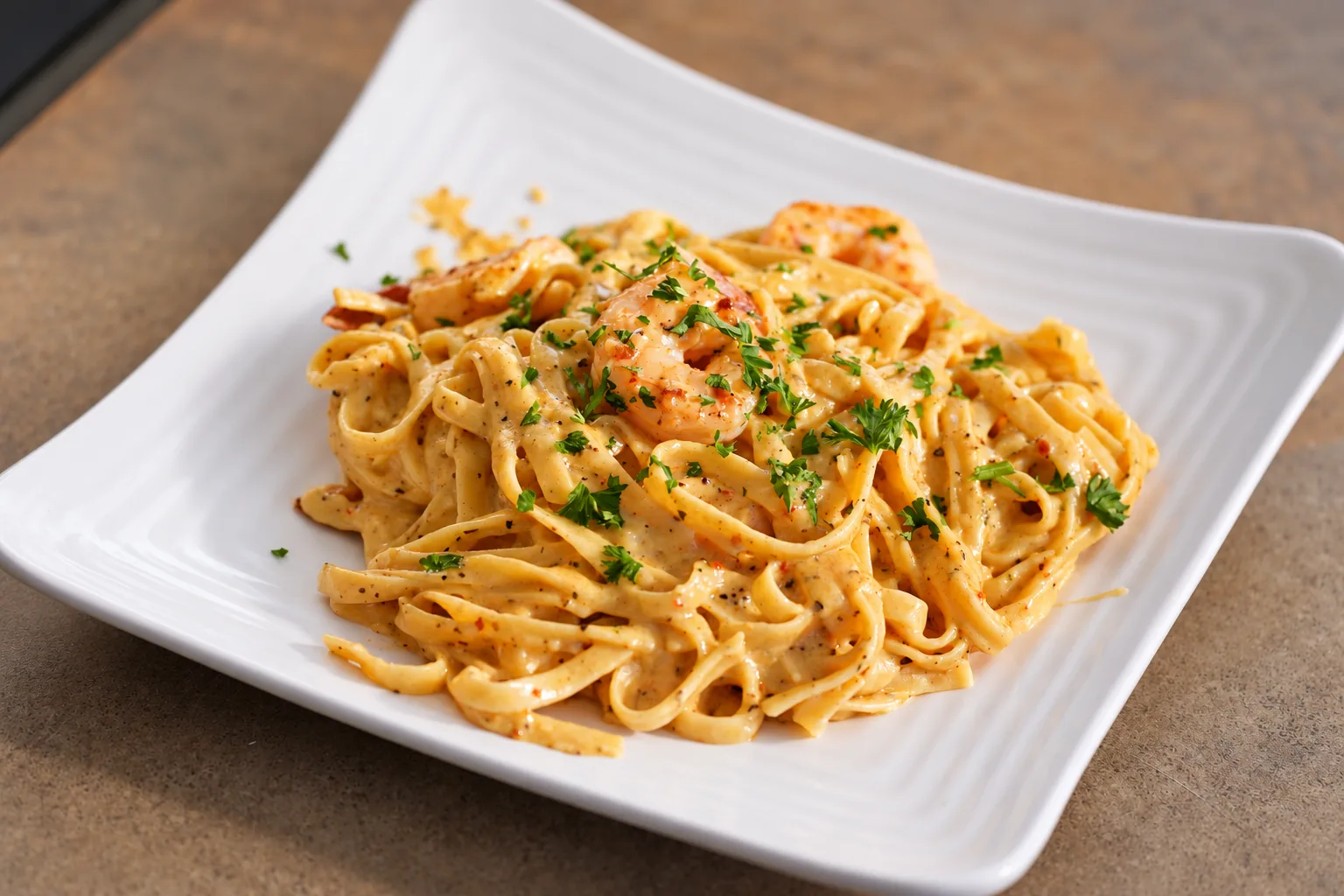 Shrimp pasta topped with chopped herbs